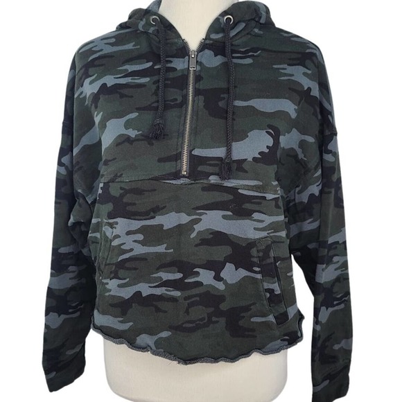 Sanctuary Sweatshirt Black Gray Camo Crop Hoodie Half Zip Fleece Oversized Boxy - Picture 1 of 11